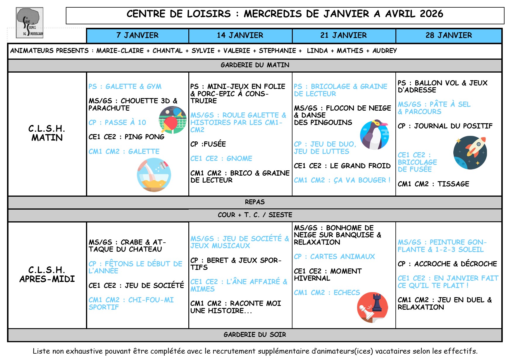 Planning des petits et des grands pour Janvier 2026