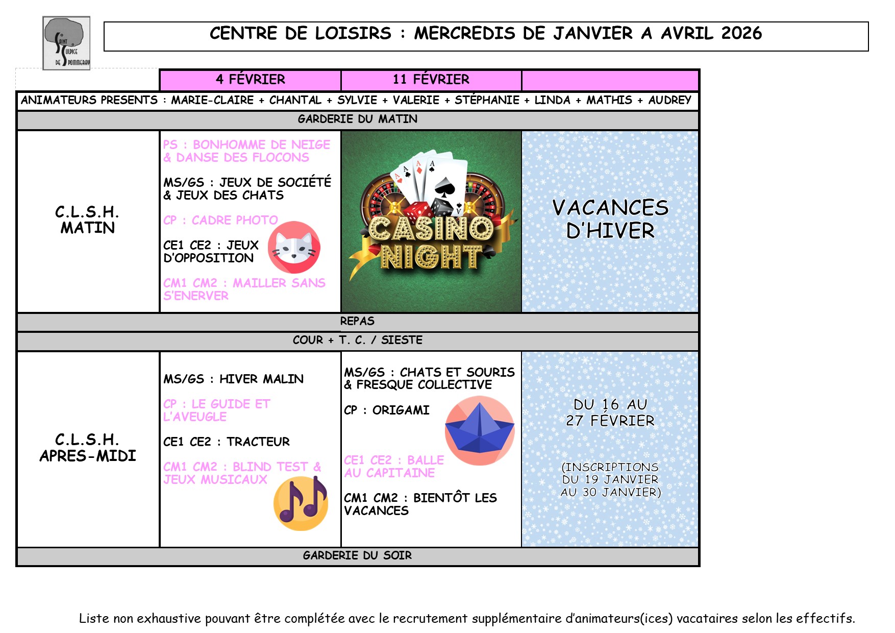 Planning des petits et des grands pour février 2026