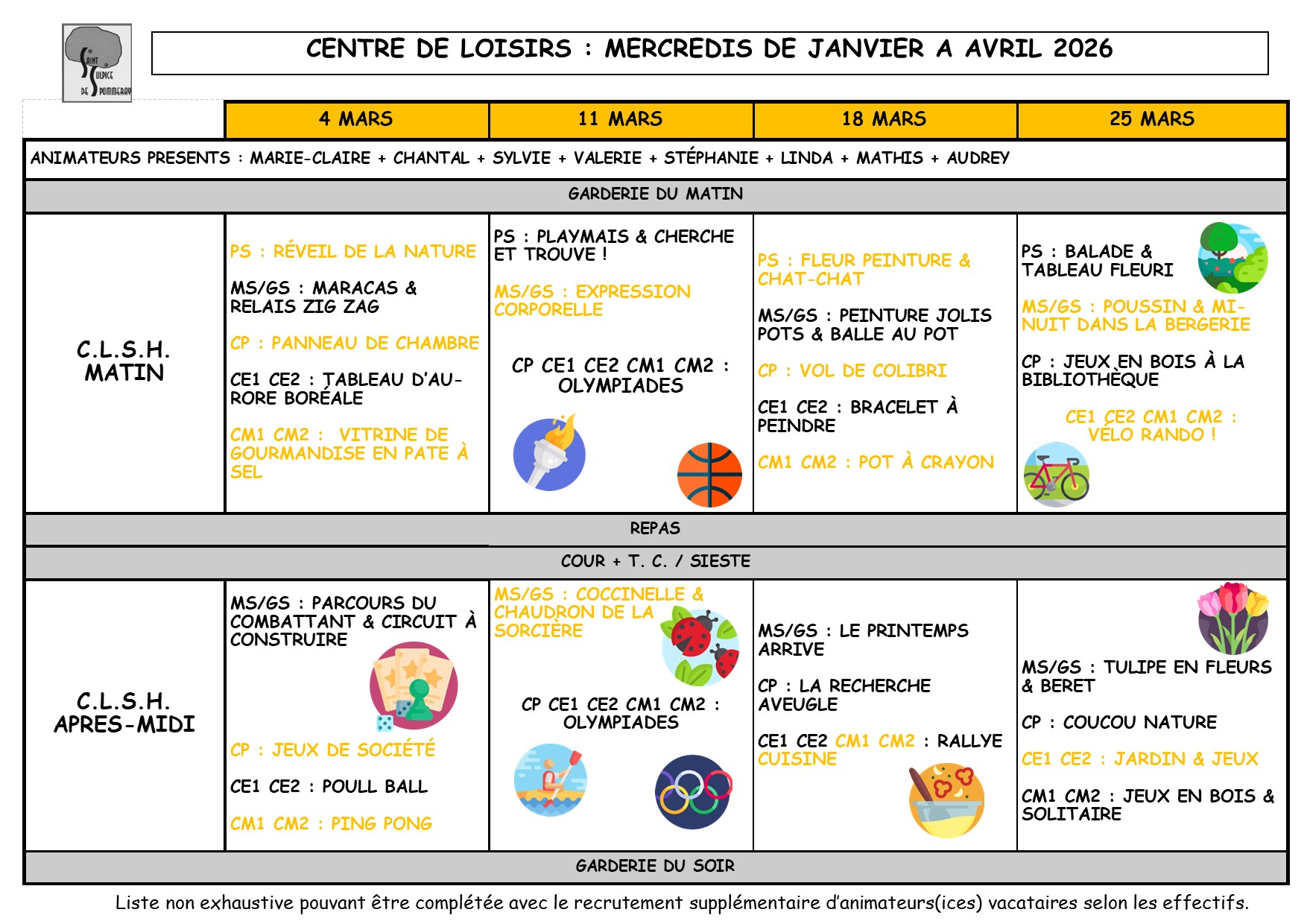 Planning des petits et des grands pour mars 2026