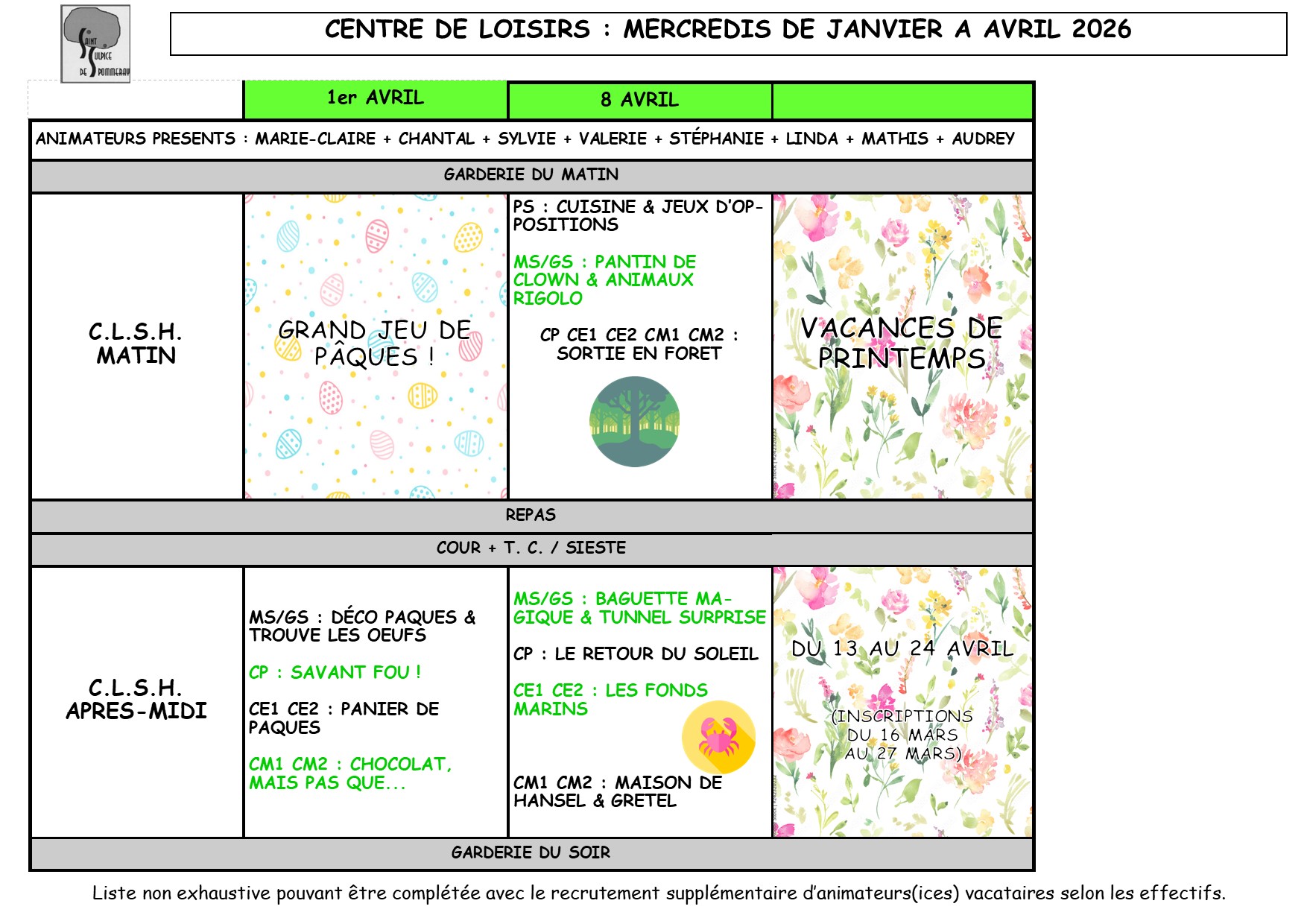 Planning des petits et des grands pour avril 2026