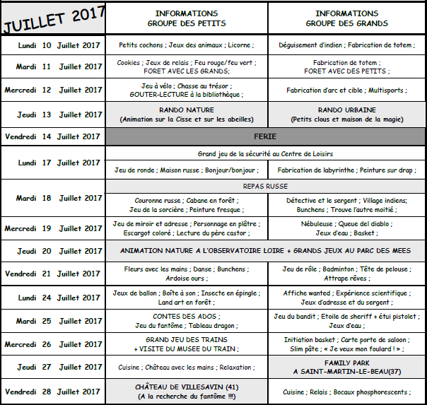 Planning Eté 2017
