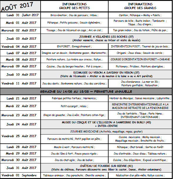 Planning Eté 2017