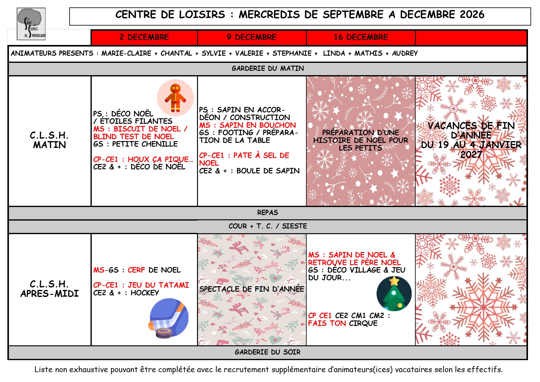 Planning des petits et des grands pour décembre 2026