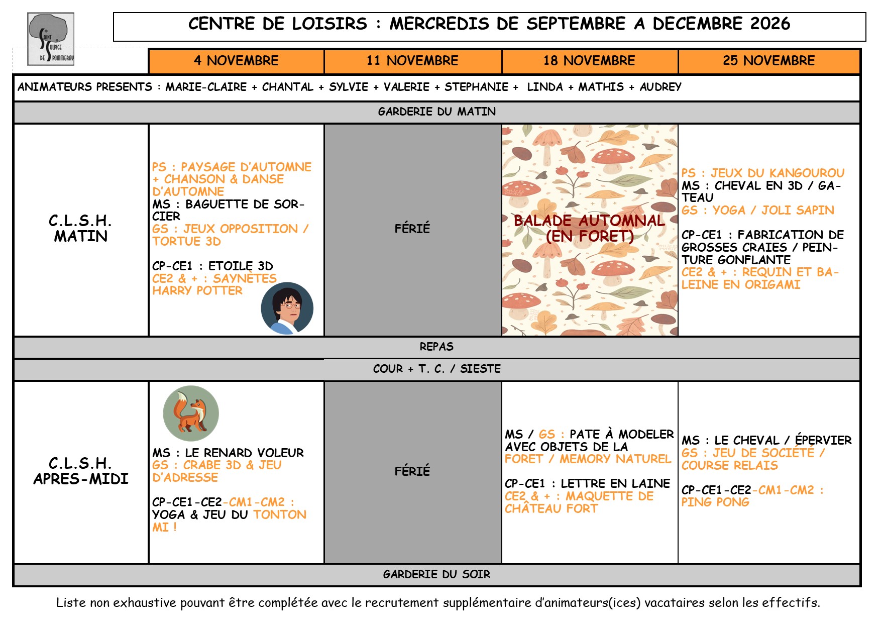 Planning des petits et des grands pour novembre 2026