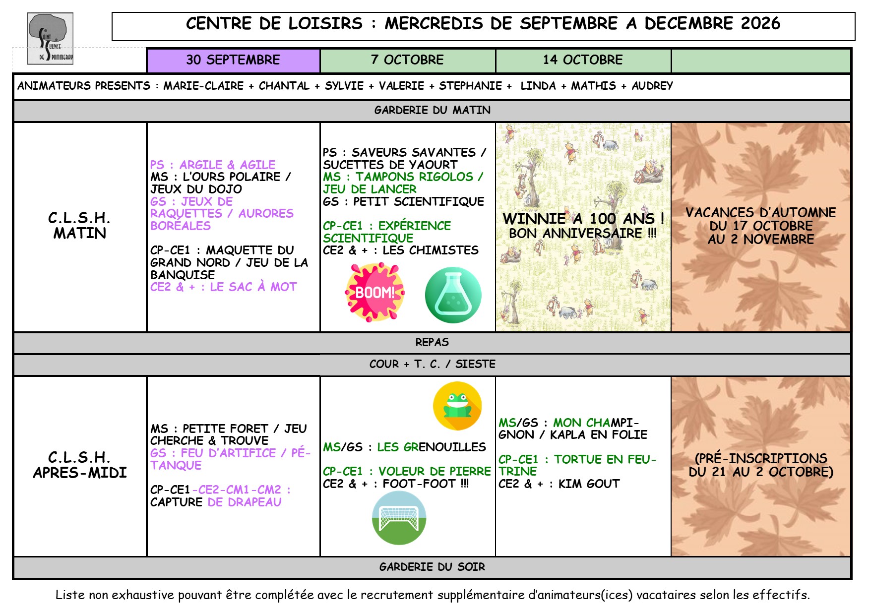 Planning des petits et des grands pour octobre 2026
