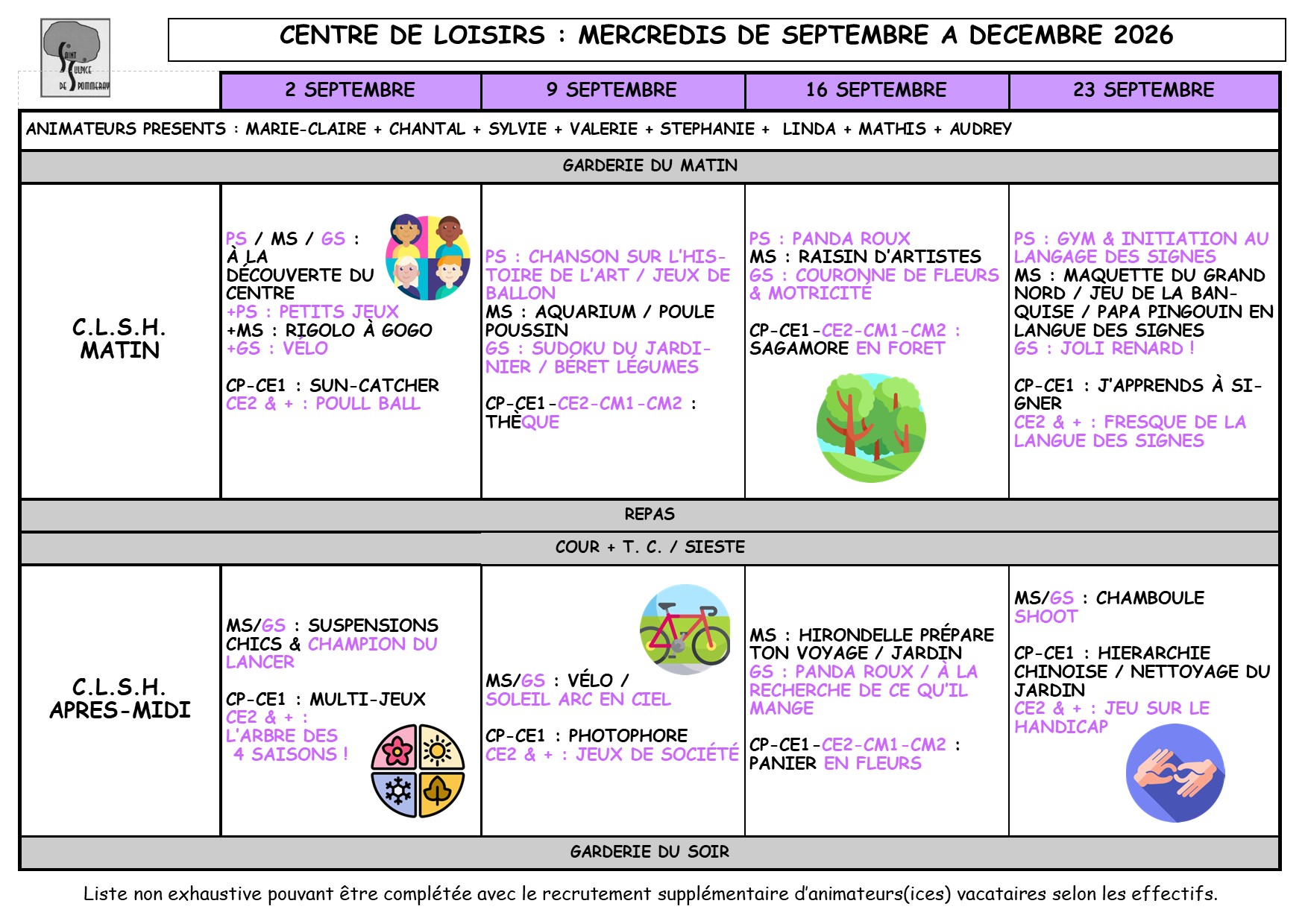 Planning des petits et des grands pour septembre 2026